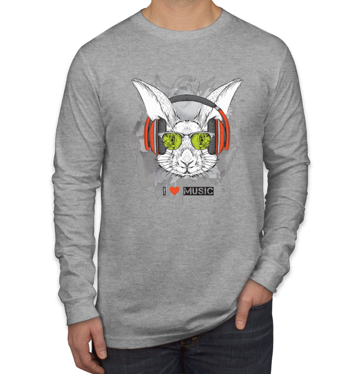 I Love Music Rabbit With Headphones Men's Long Sleeve Shirt