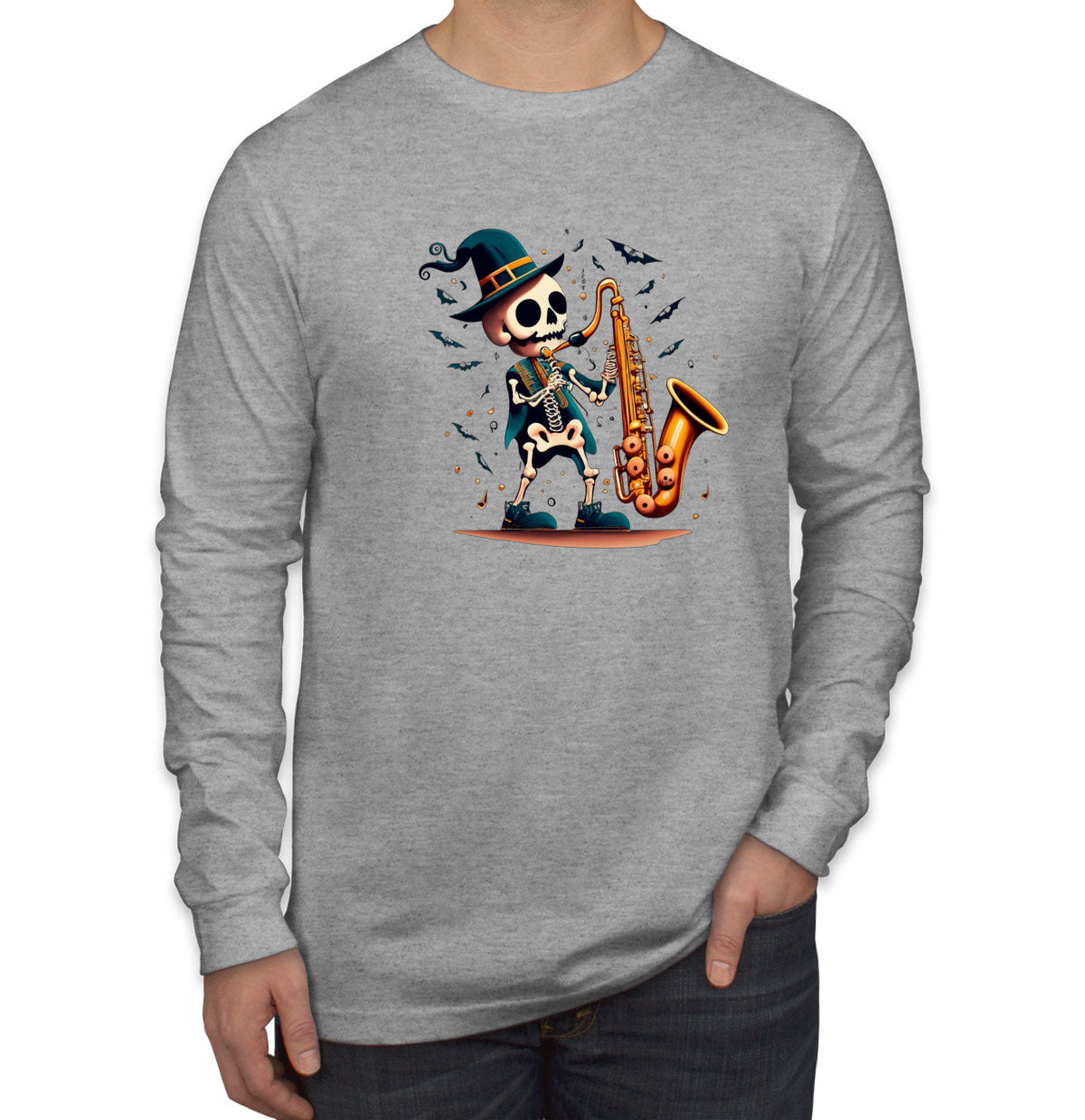 Skeleton Playing Saxophone Men's Long Sleeve Shirt