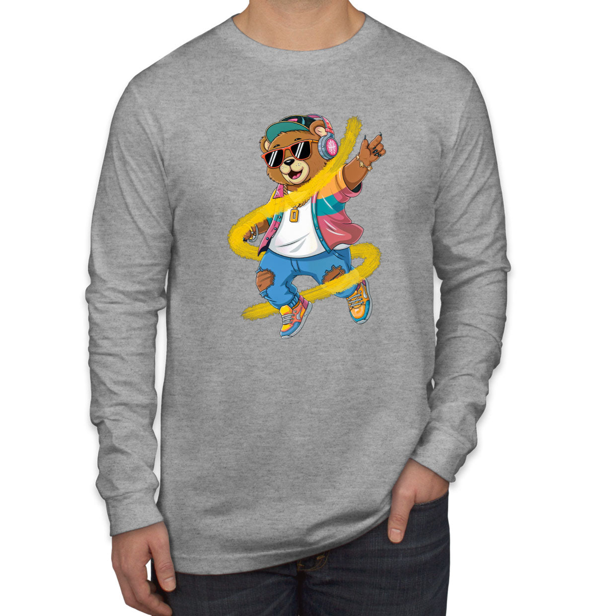 Teddy Bear With Headphone And Sunglasses Men's Long Sleeve Shirt