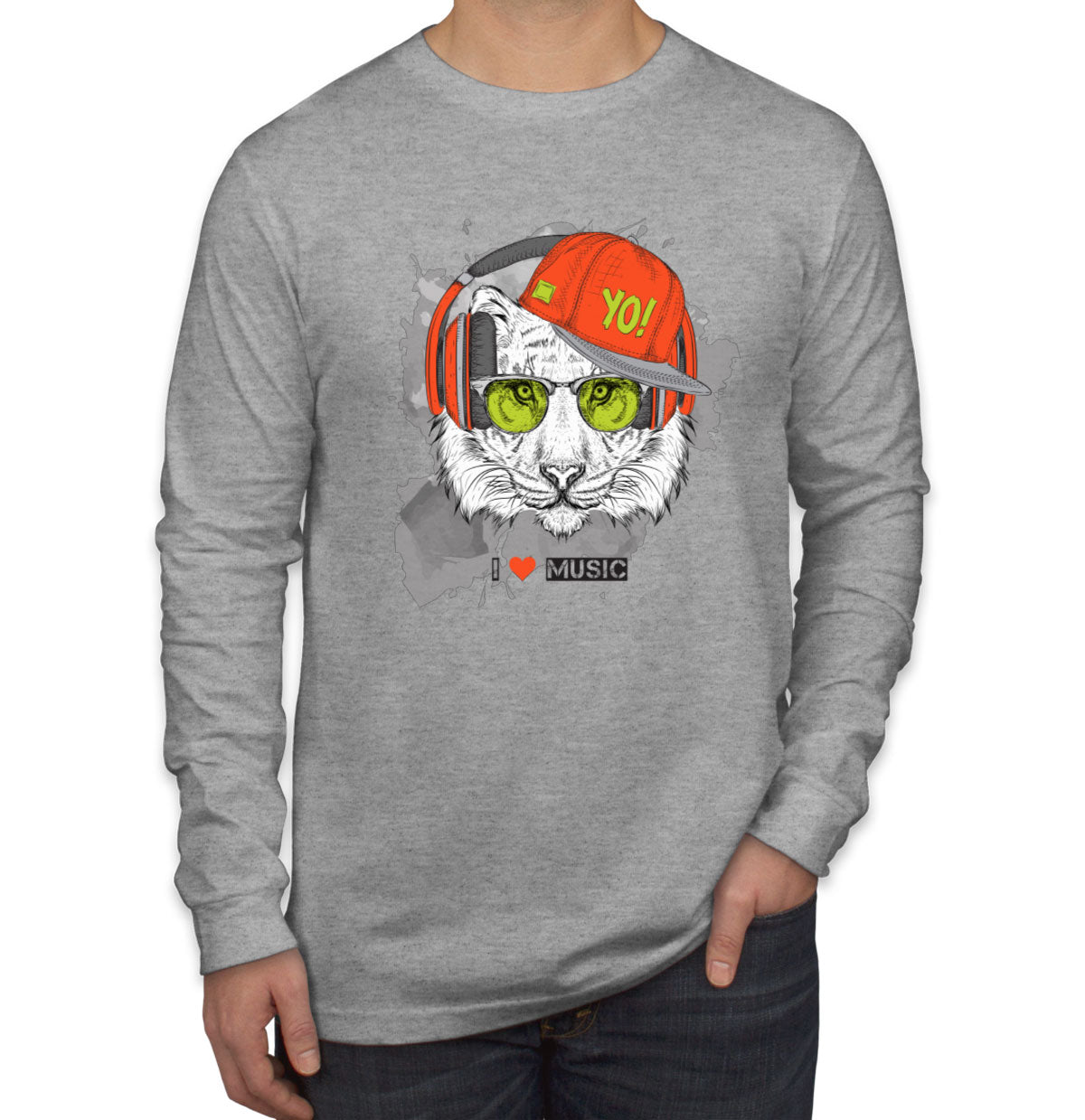 I Love Music Tiger With Headphones Men's Long Sleeve Shirt