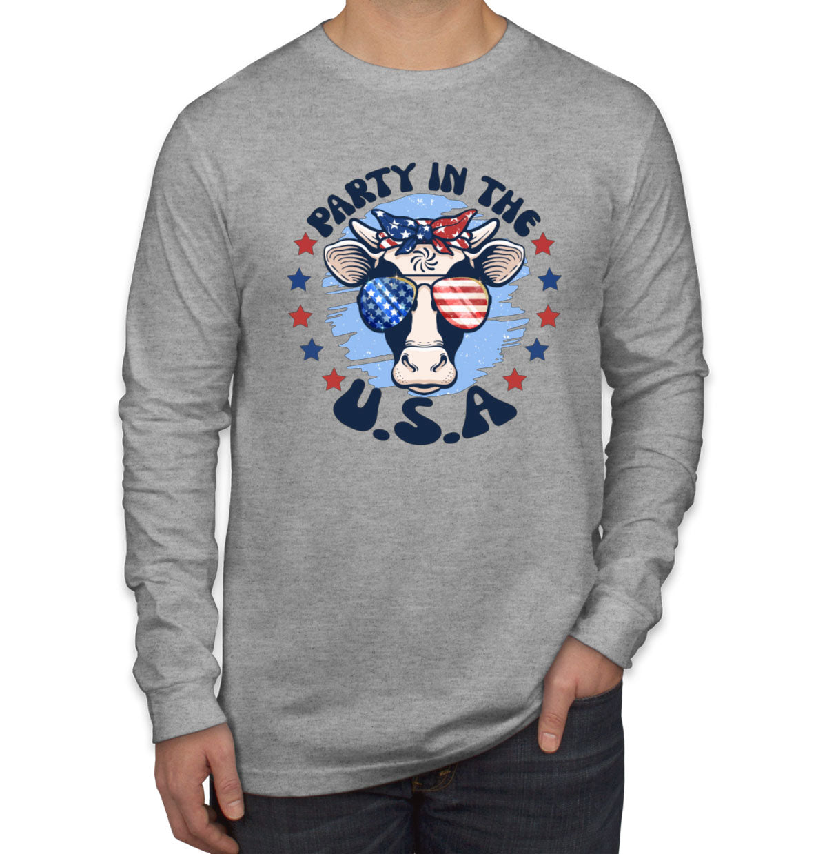 Party In The USA Patriotic American Cow Men's Long Sleeve Shirt