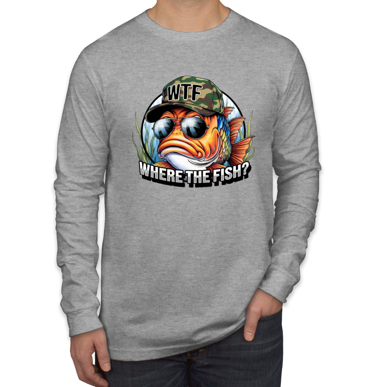 WTF Where The Fish Hunting Bass Fishing Men's Long Sleeve Shirt