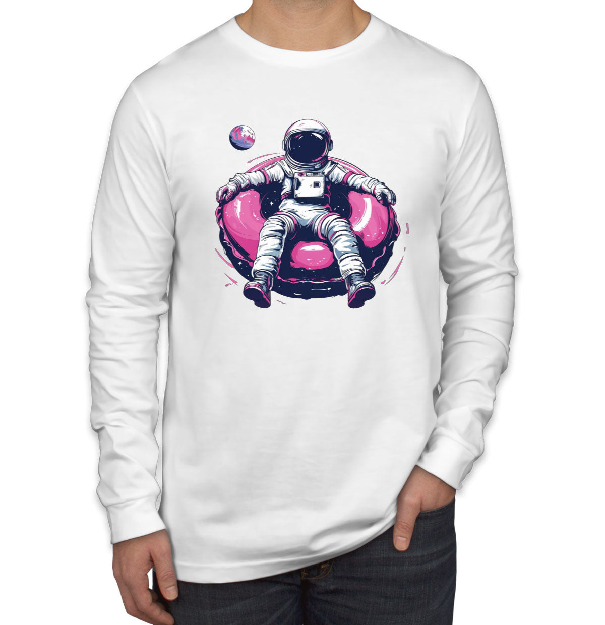 Astronaut On A Pink Float Men's Long Sleeve Shirt