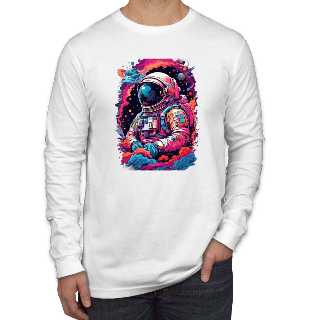 Illustration Colorful Astronaut in the Galaxy Men's Long Sleeve Shirt