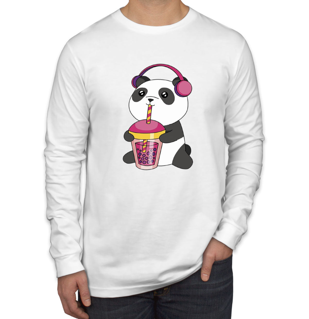 Panda Drinking Bubble Tea Men's Long Sleeve Shirt