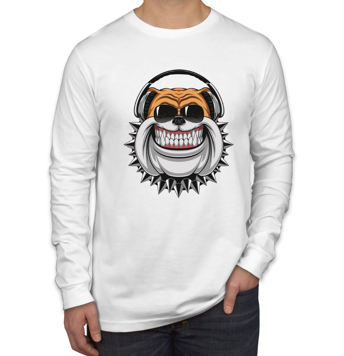 Bulldog With Headphone Cartoon Men's Long Sleeve Shirt