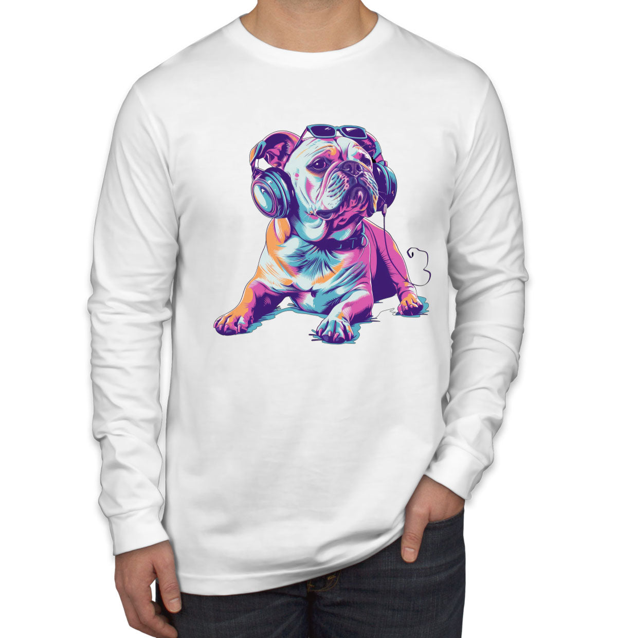 Bulldog With Headphone And Sunglasses Men's Long Sleeve Shirt