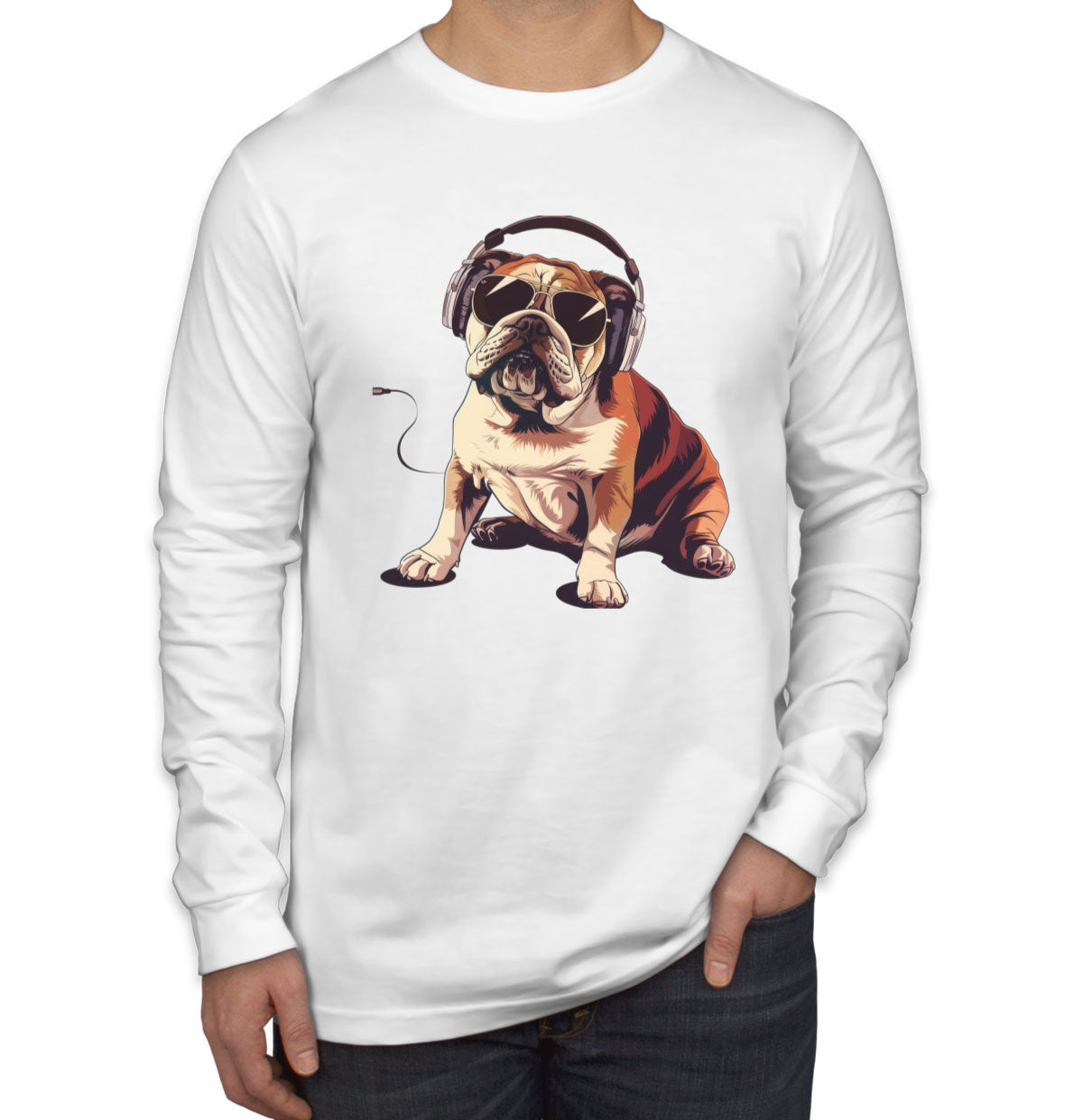 Bulldog With Headphone Men's Long Sleeve Shirt