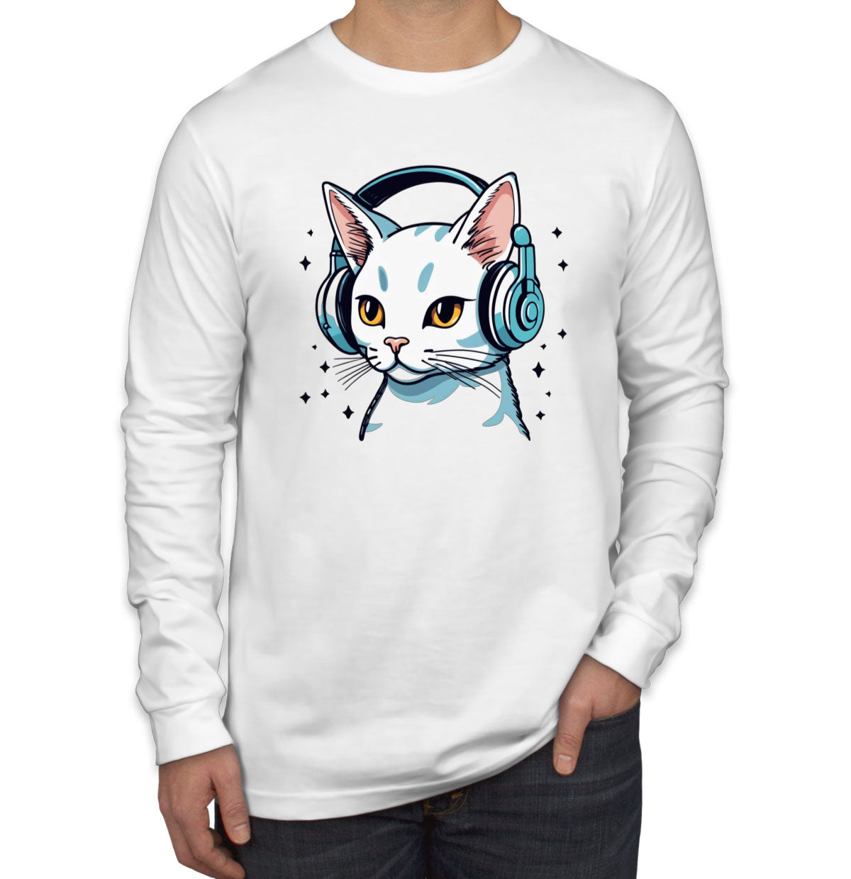 Cool Cat With Headphone Men's Long Sleeve Shirt