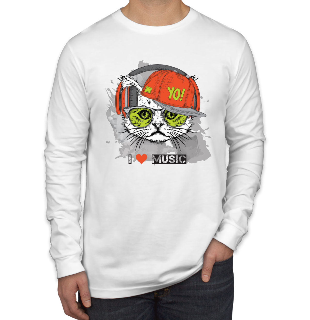 I Love Music Cat With Headphones Men's Long Sleeve Shirt