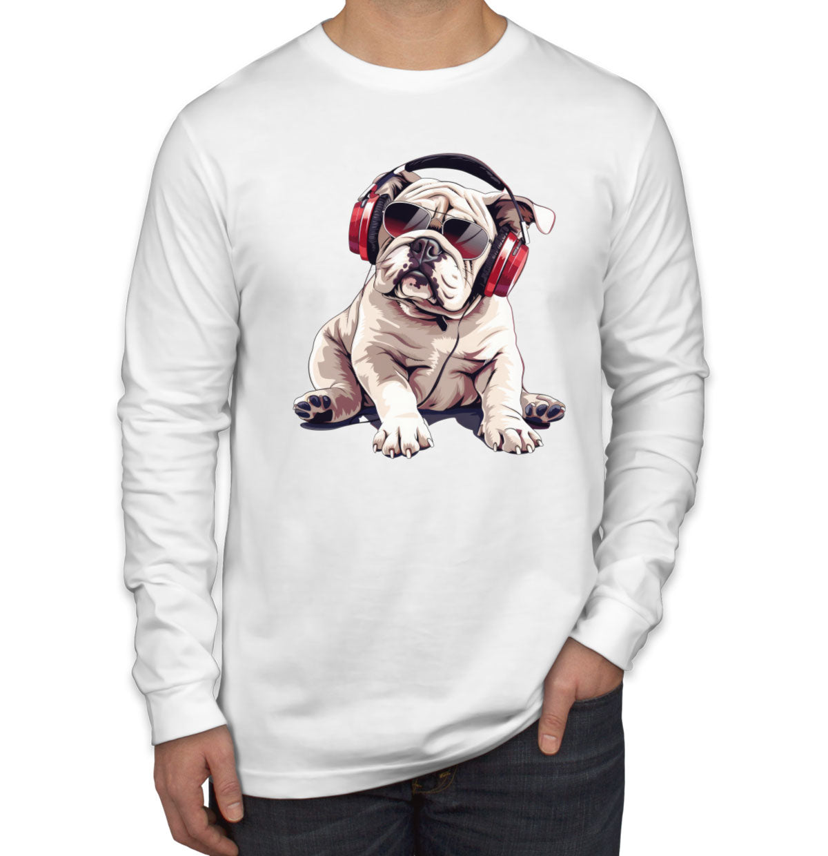 Cool Bulldog With Headphone And Sunglasses Men's Long Sleeve Shirt