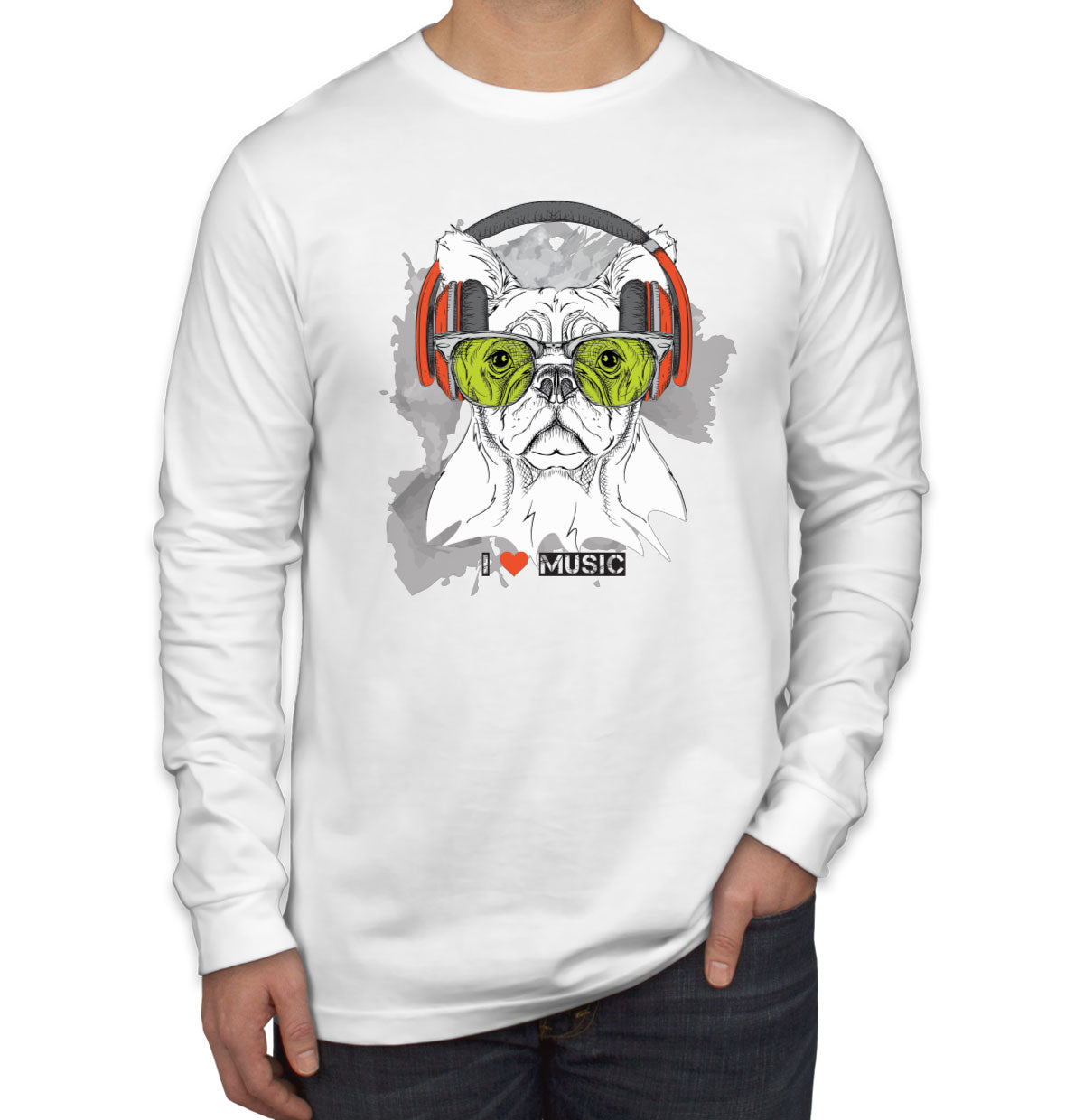 I Love Music Dog With Headphones Men's Long Sleeve Shirt