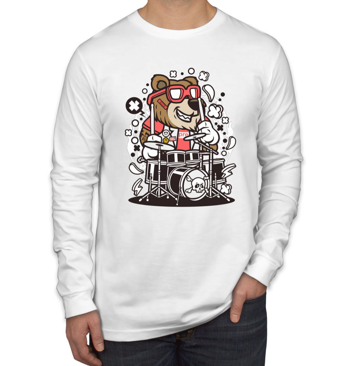 Cool Punk Rock Bear Drummer Men's Long Sleeve Shirt