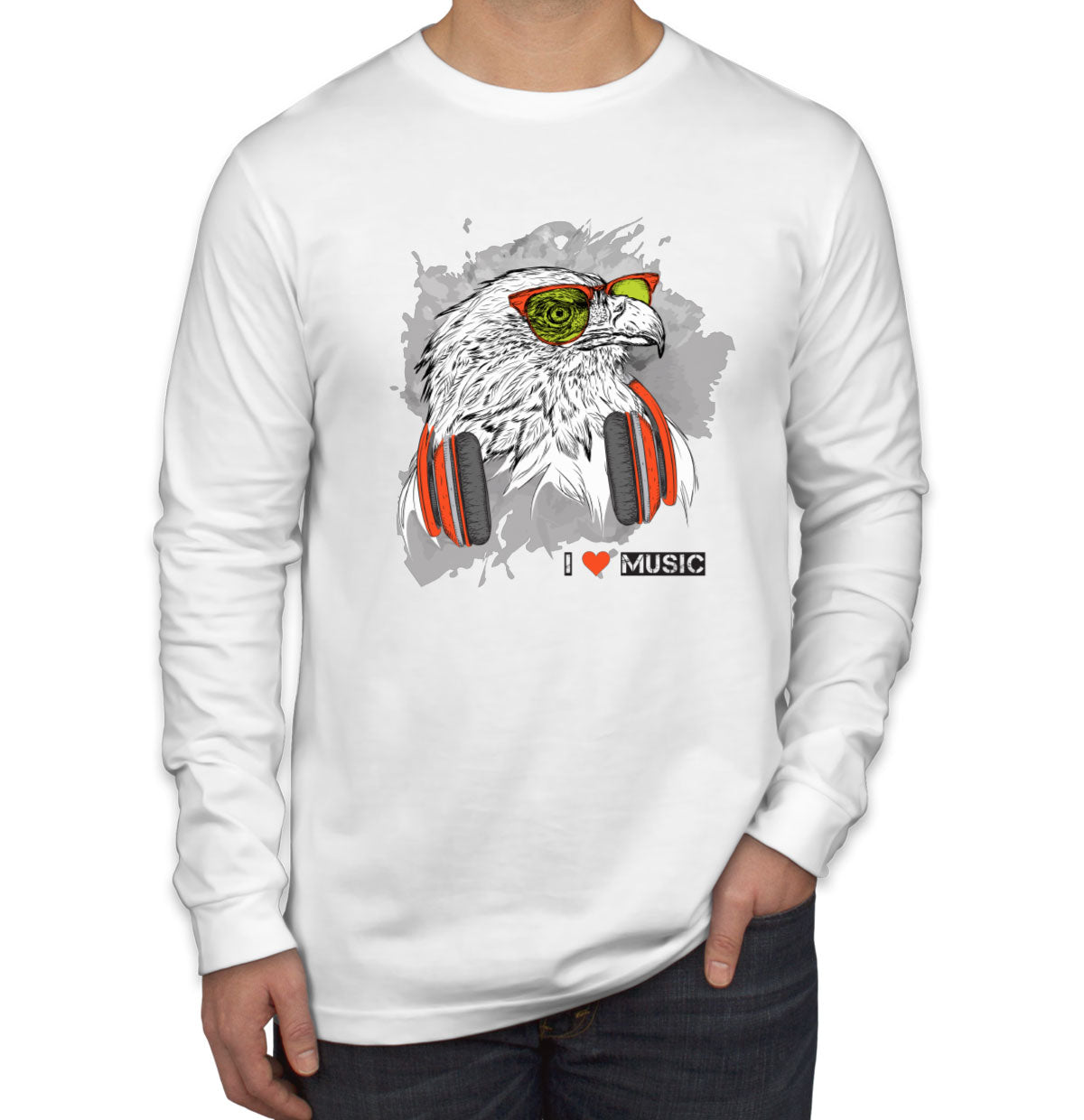 I Love Music Eagle With Headphones Men's Long Sleeve Shirt
