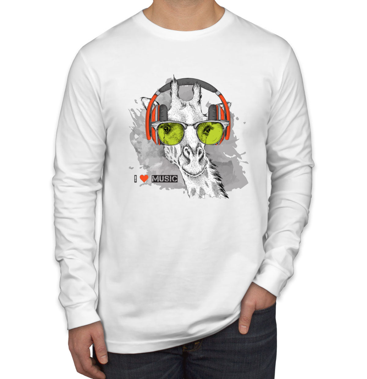 I Love Music Giraffe With Headphones Men's Long Sleeve Shirt