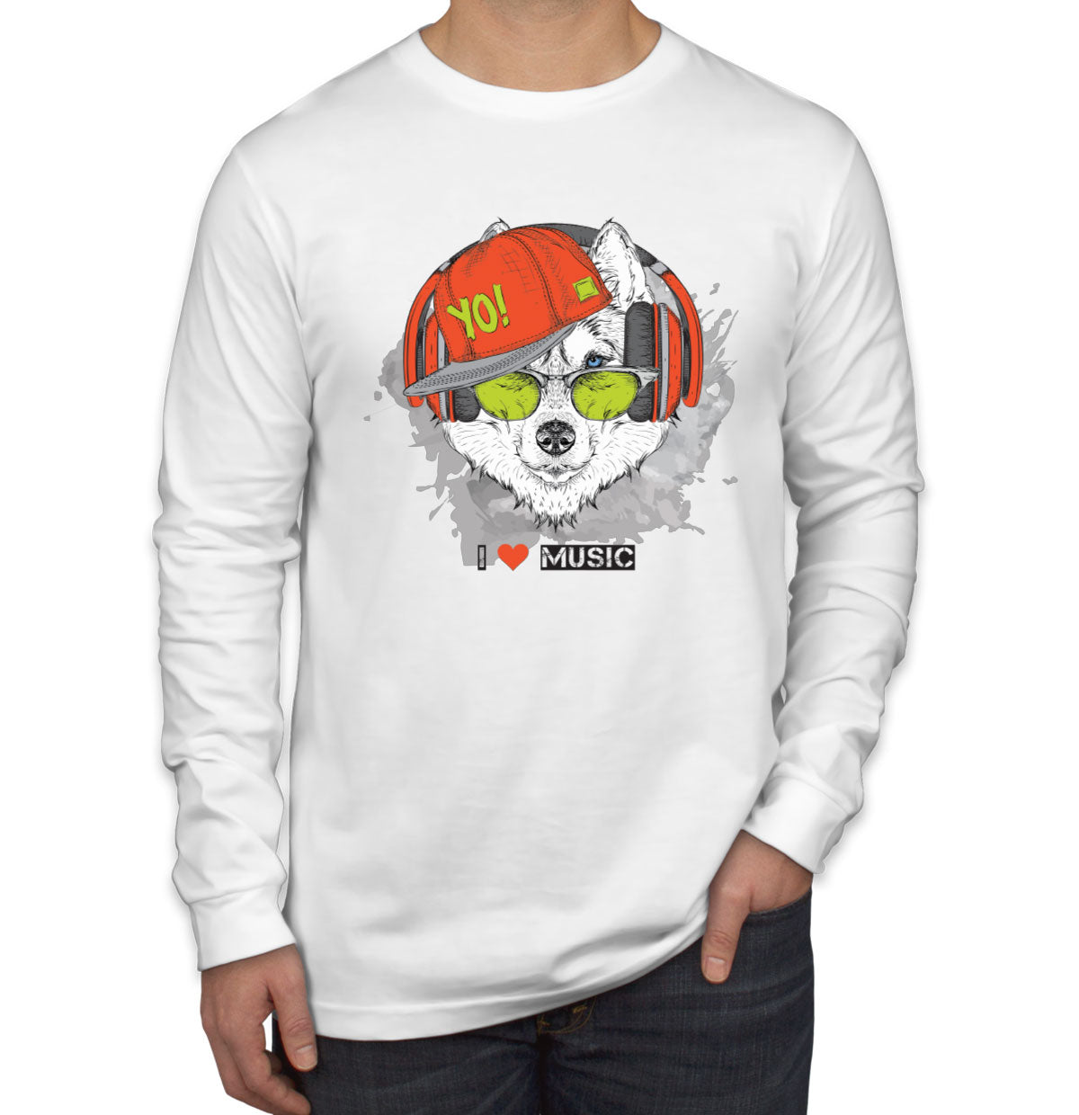 I Love Music Husky With Headphones Men's Long Sleeve Shirt