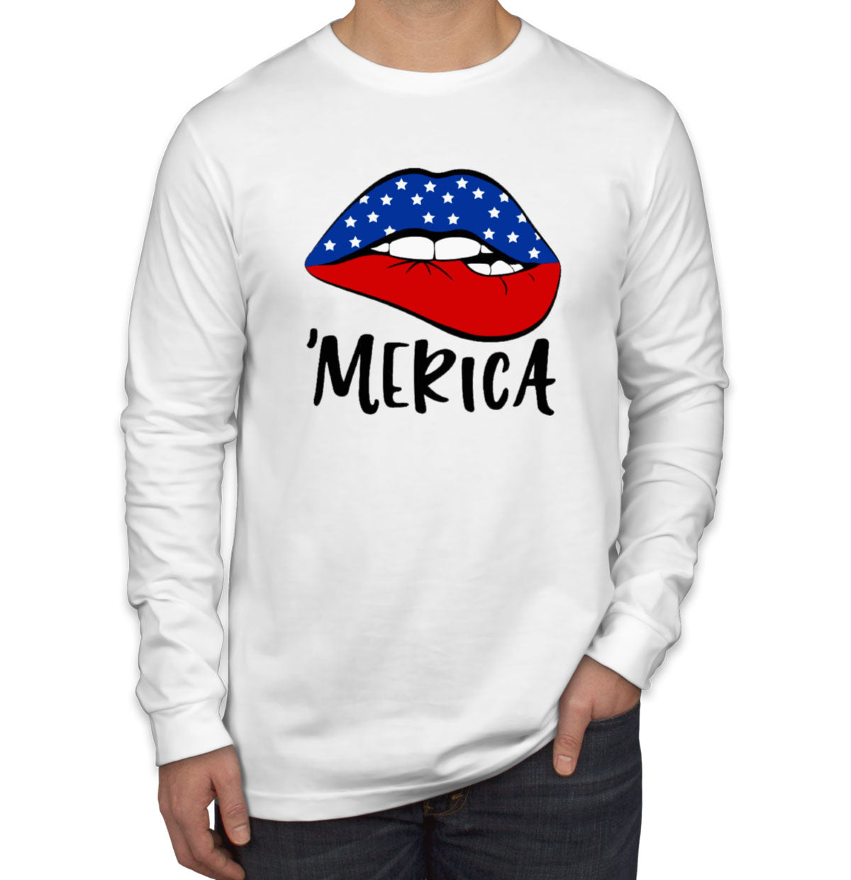 Lipstick Merica American Flag Patriotic Men's Long Sleeve Shirt