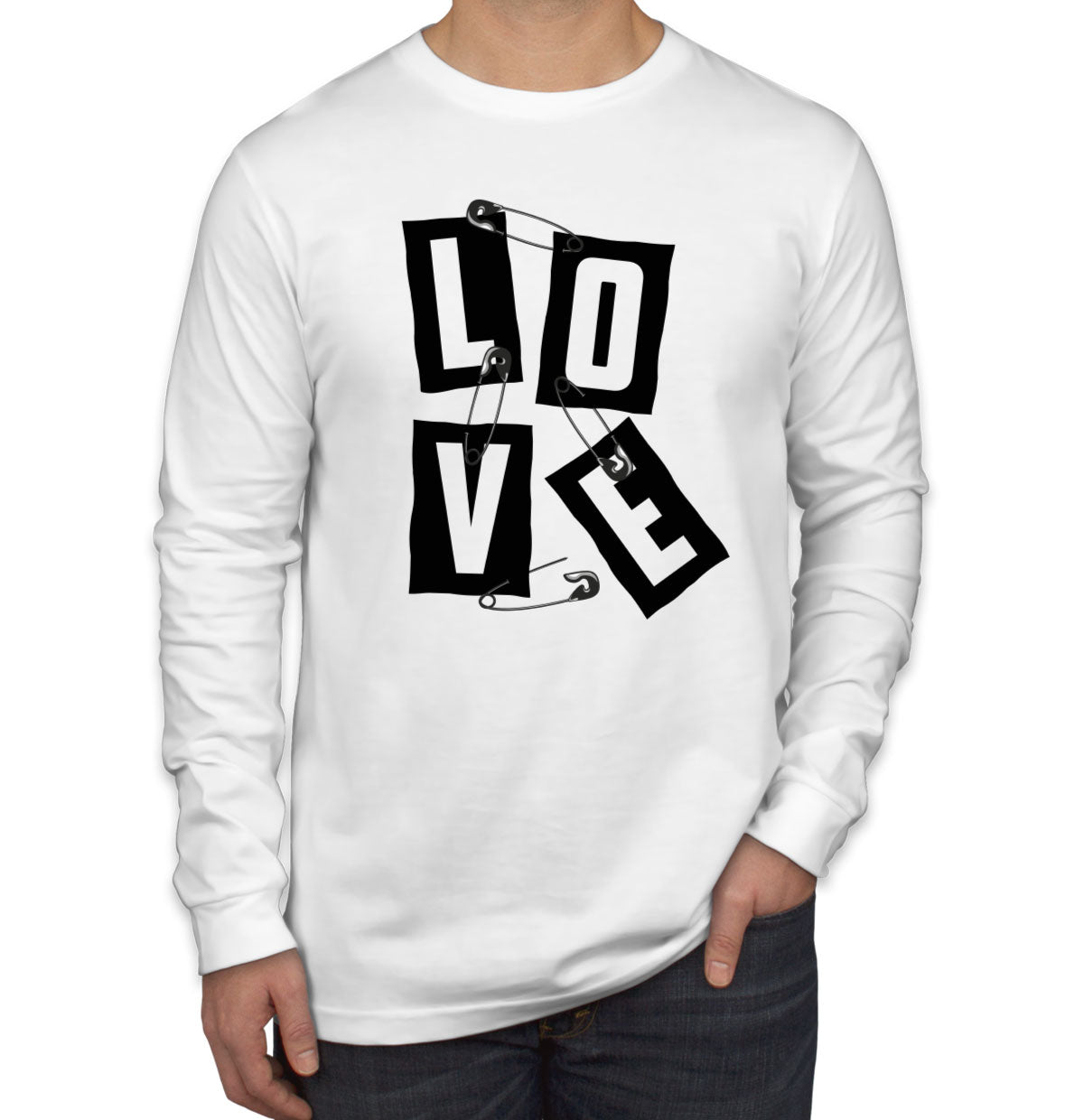 Love Slogan On Ripped Paper And Secured By Safety Pin Men's Long Sleeve Shirt