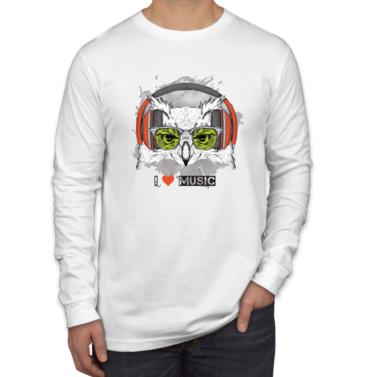 I Love Music Owl With Headphones Men's Long Sleeve Shirt
