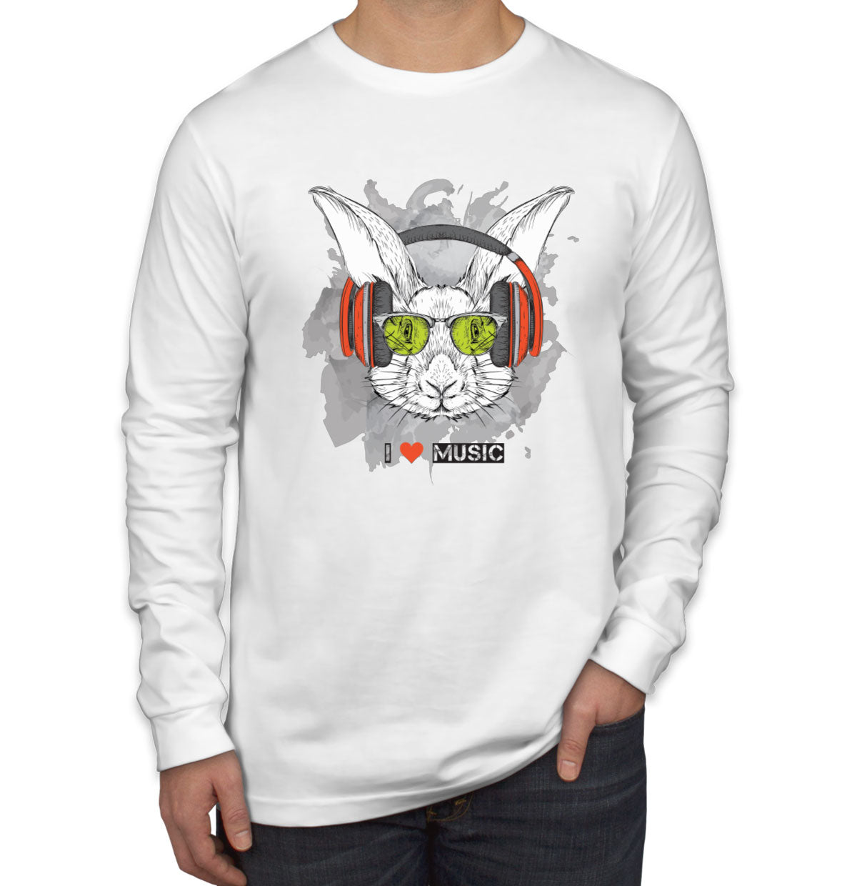 I Love Music Rabbit With Headphones Men's Long Sleeve Shirt