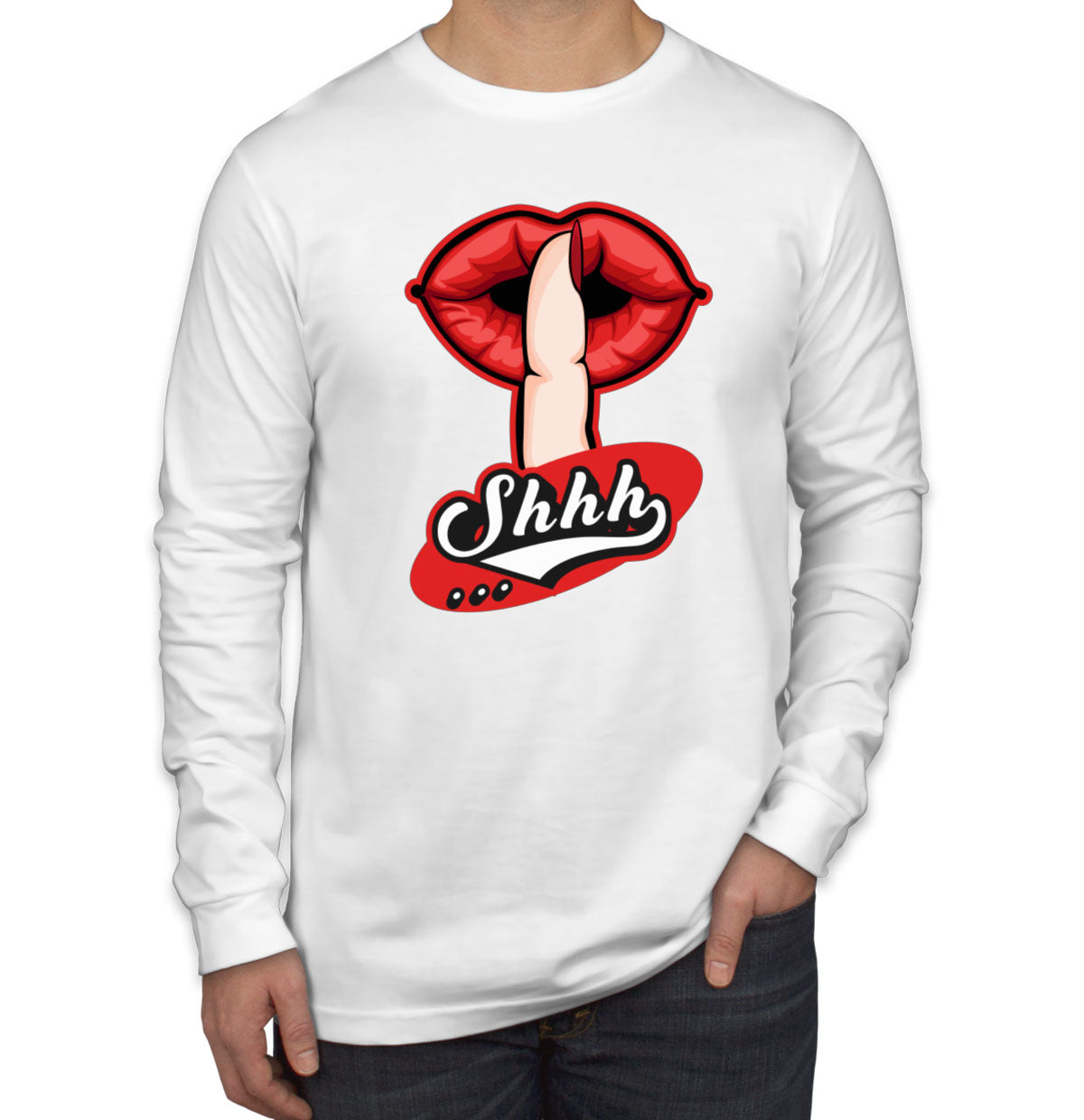 Shhh Silent Gesture With Finger And Red Lips Men's Long Sleeve Shirt