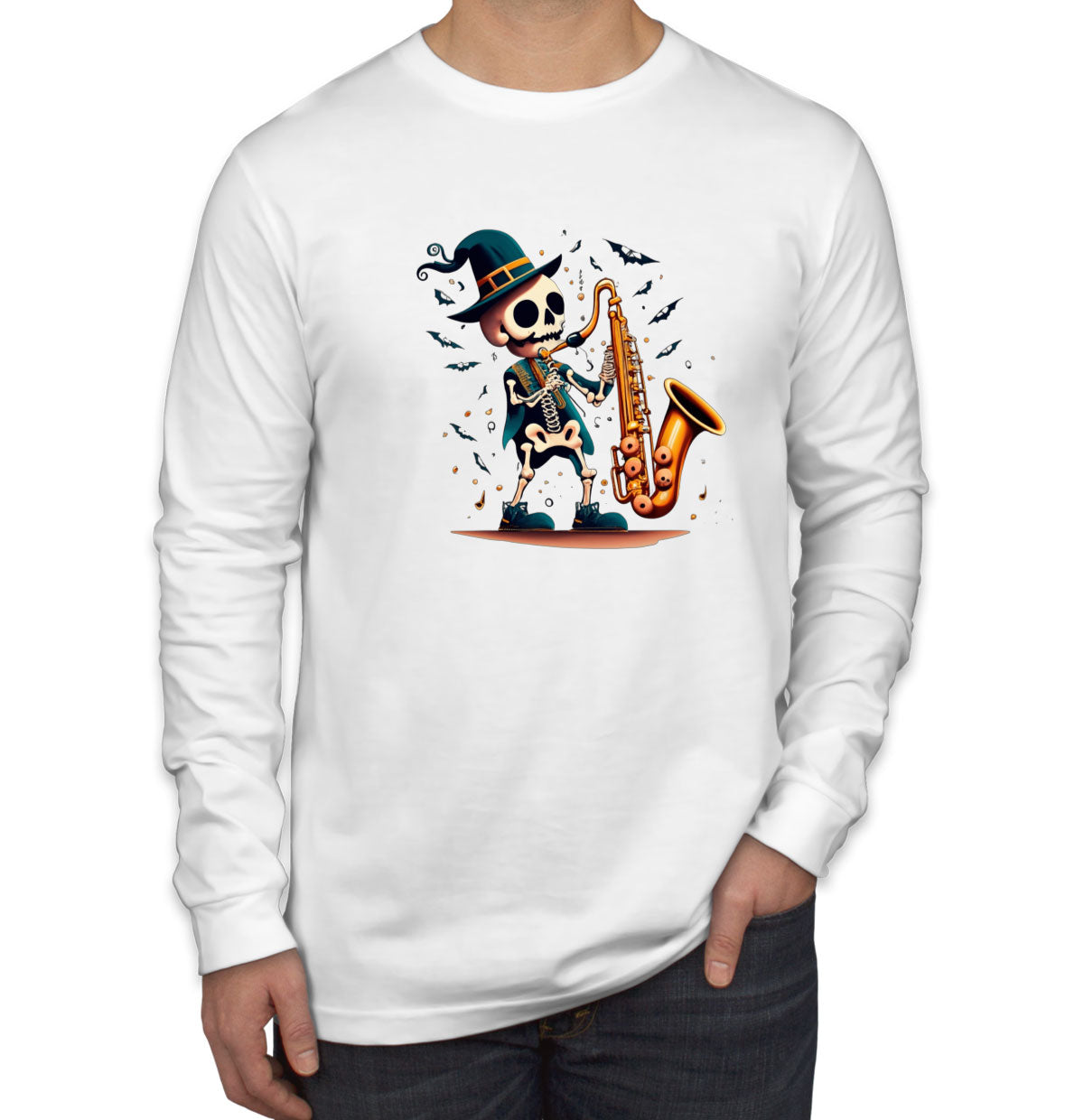 Skeleton Playing Saxophone Men's Long Sleeve Shirt