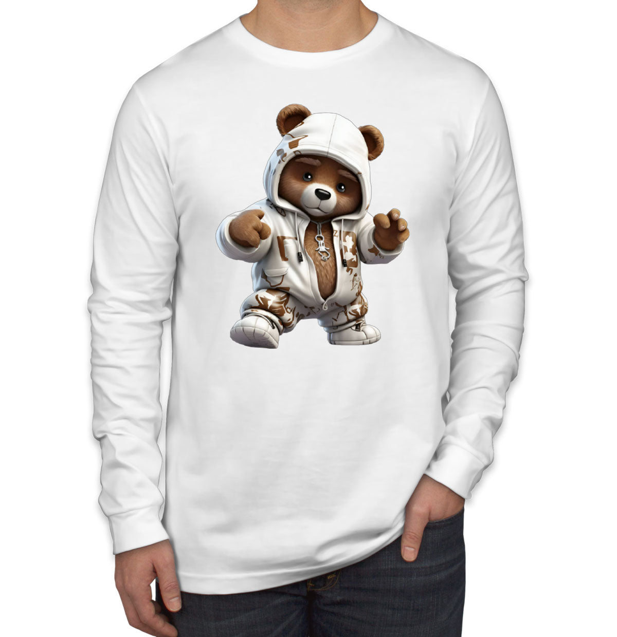 Teddy Bear Wearing Streetwear Men's Long Sleeve Shirt