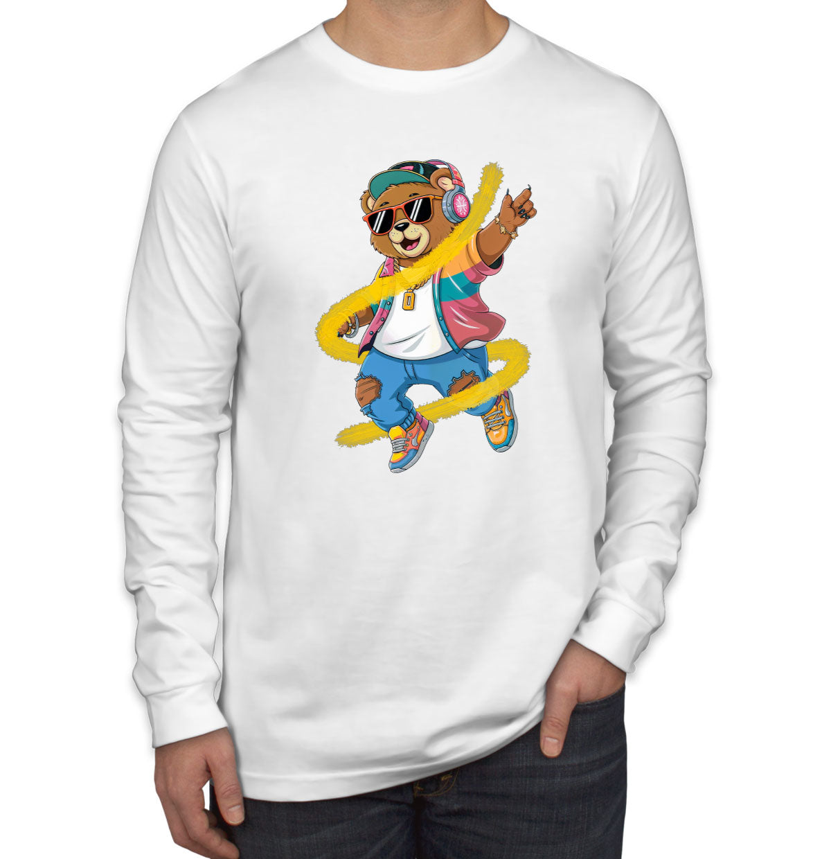 Teddy Bear With Headphone And Sunglasses Men's Long Sleeve Shirt