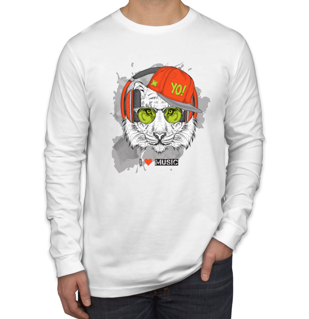 I Love Music Tiger With Headphones Men's Long Sleeve Shirt