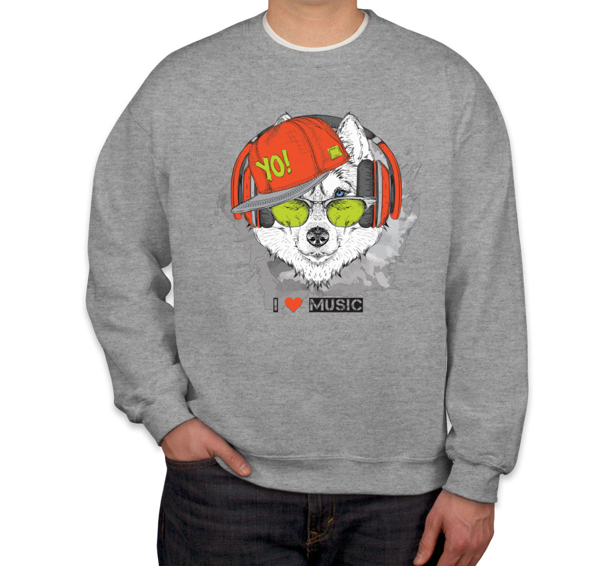 I Love Music Husky With Headphones Unisex Sweatshirt