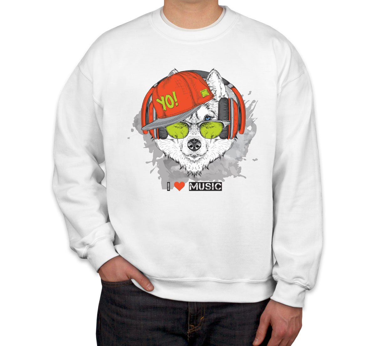 I Love Music Husky With Headphones Unisex Sweatshirt