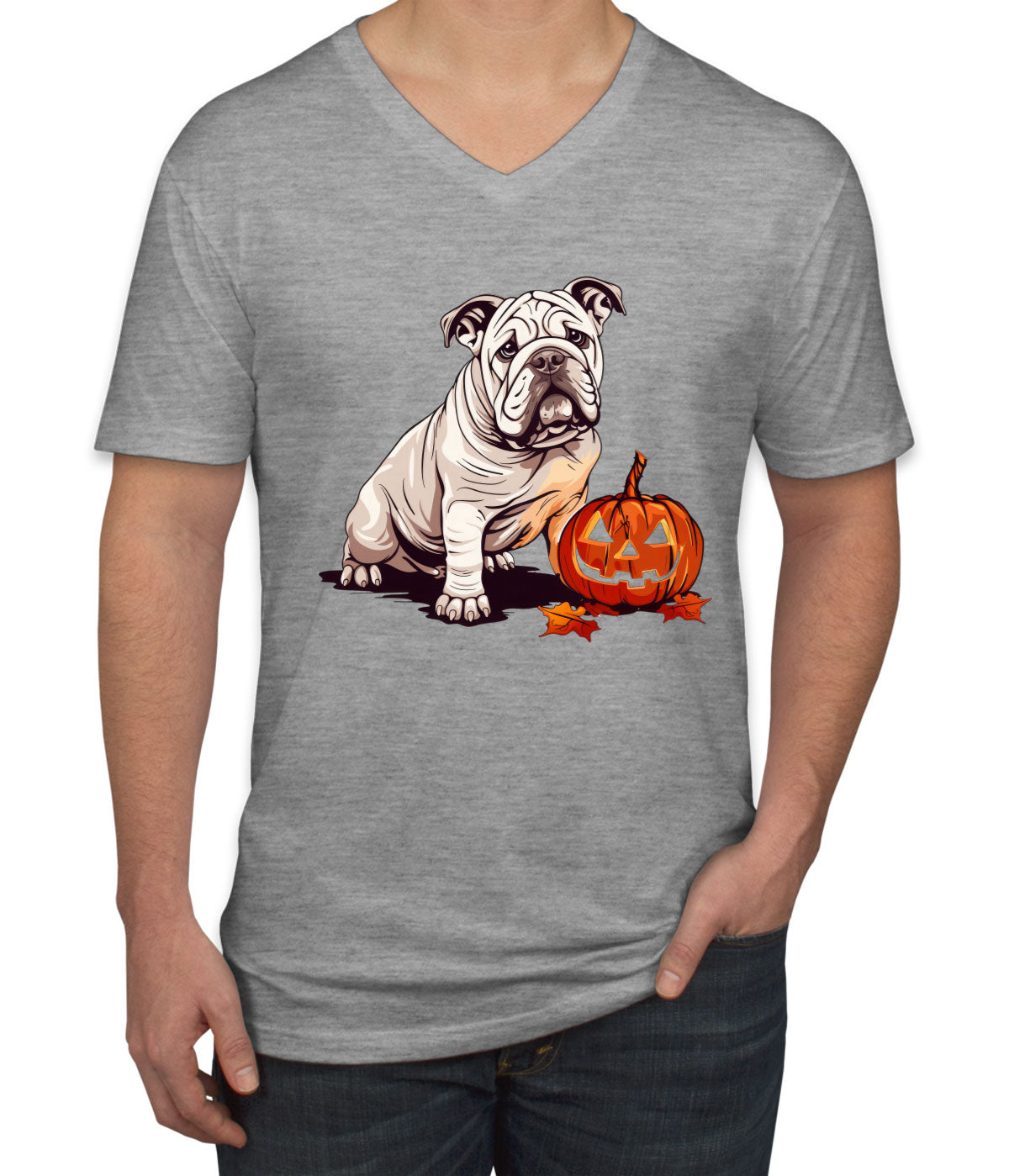 Bulldog With Halloween Pumpkin Men's V Neck T-shirt