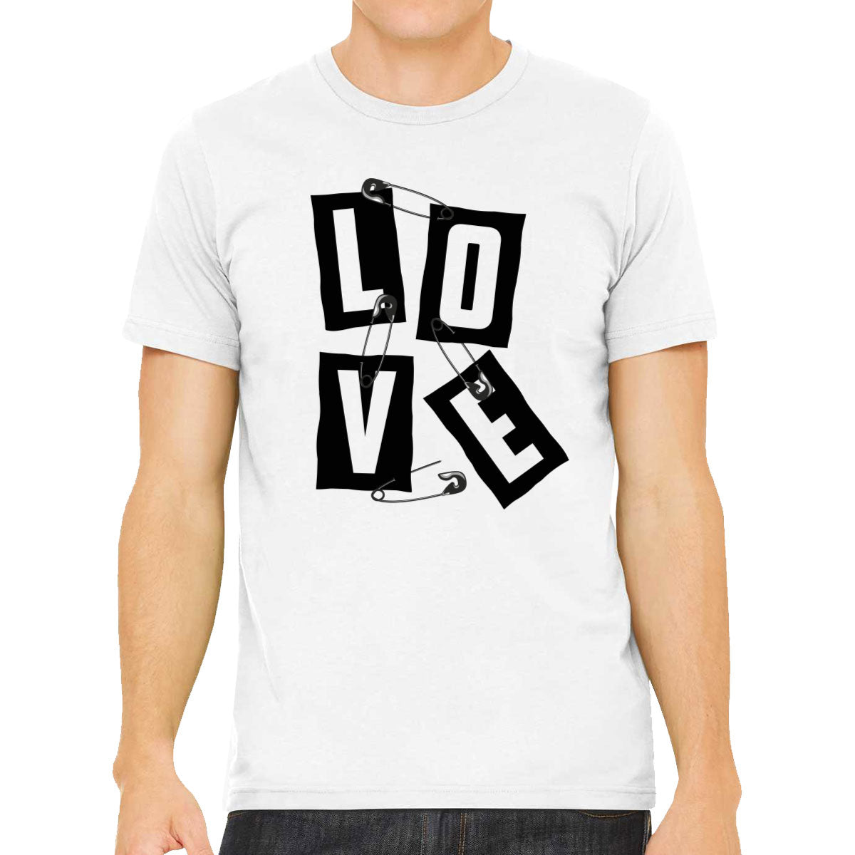 Love Slogan On Ripped Paper And Secured By Safety Pin Men's T-shirt