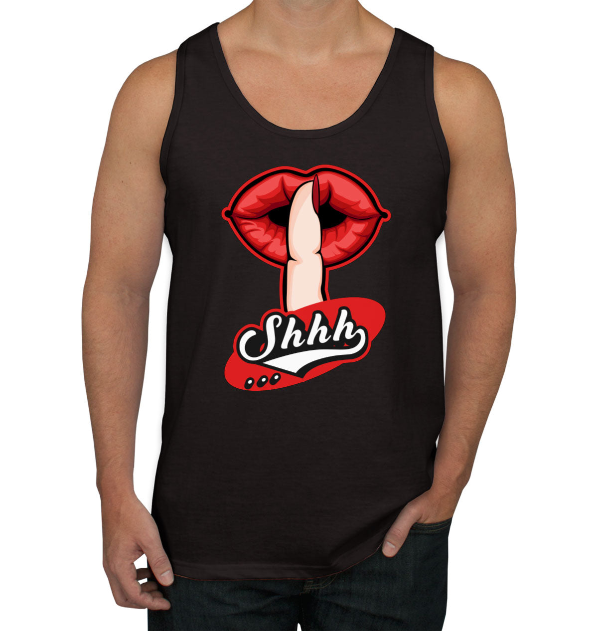 Shhh Silent Gesture With Finger And Red Lips Men's Tank Top