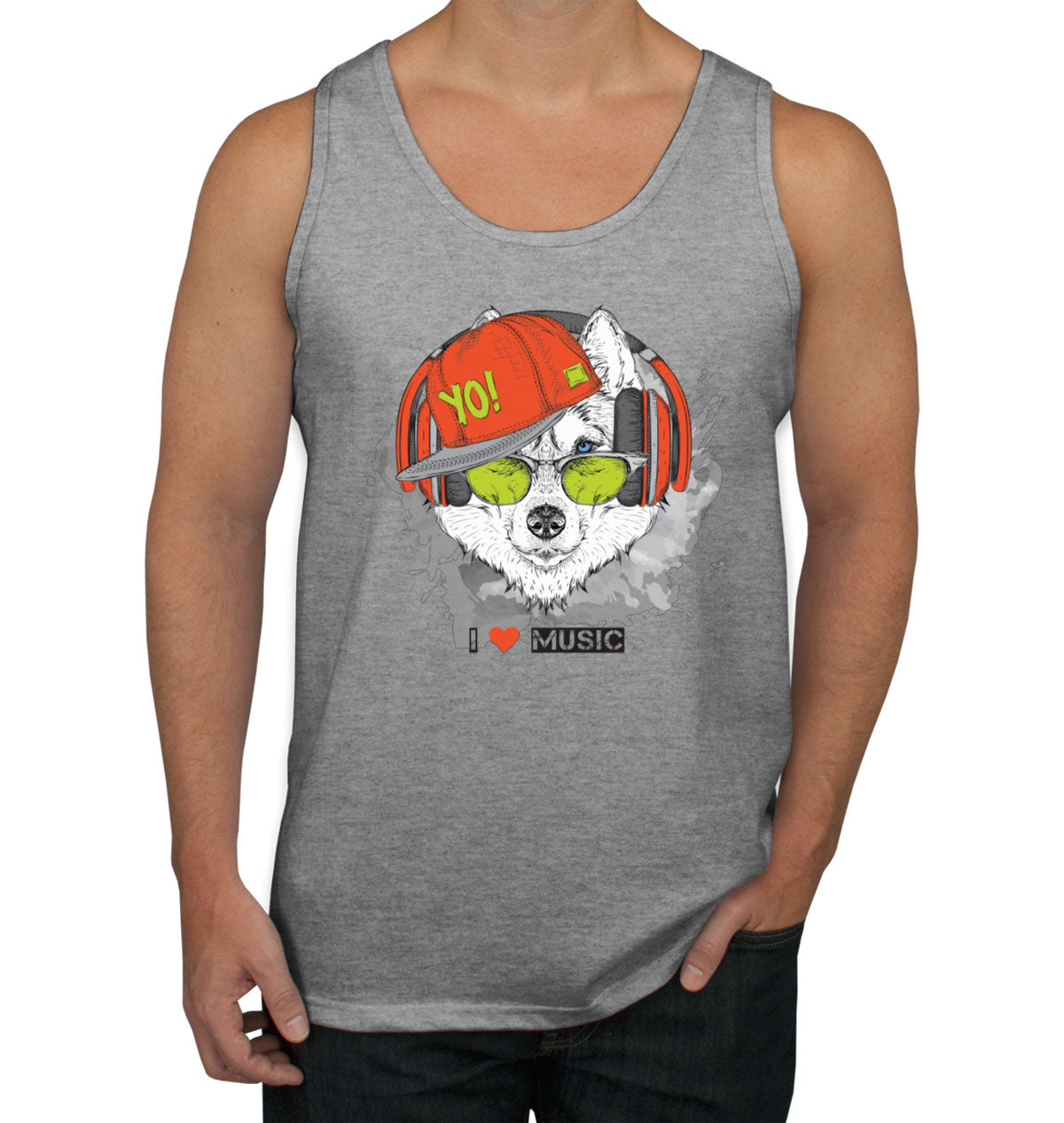 I Love Music Husky With Headphones Men's Tank Top