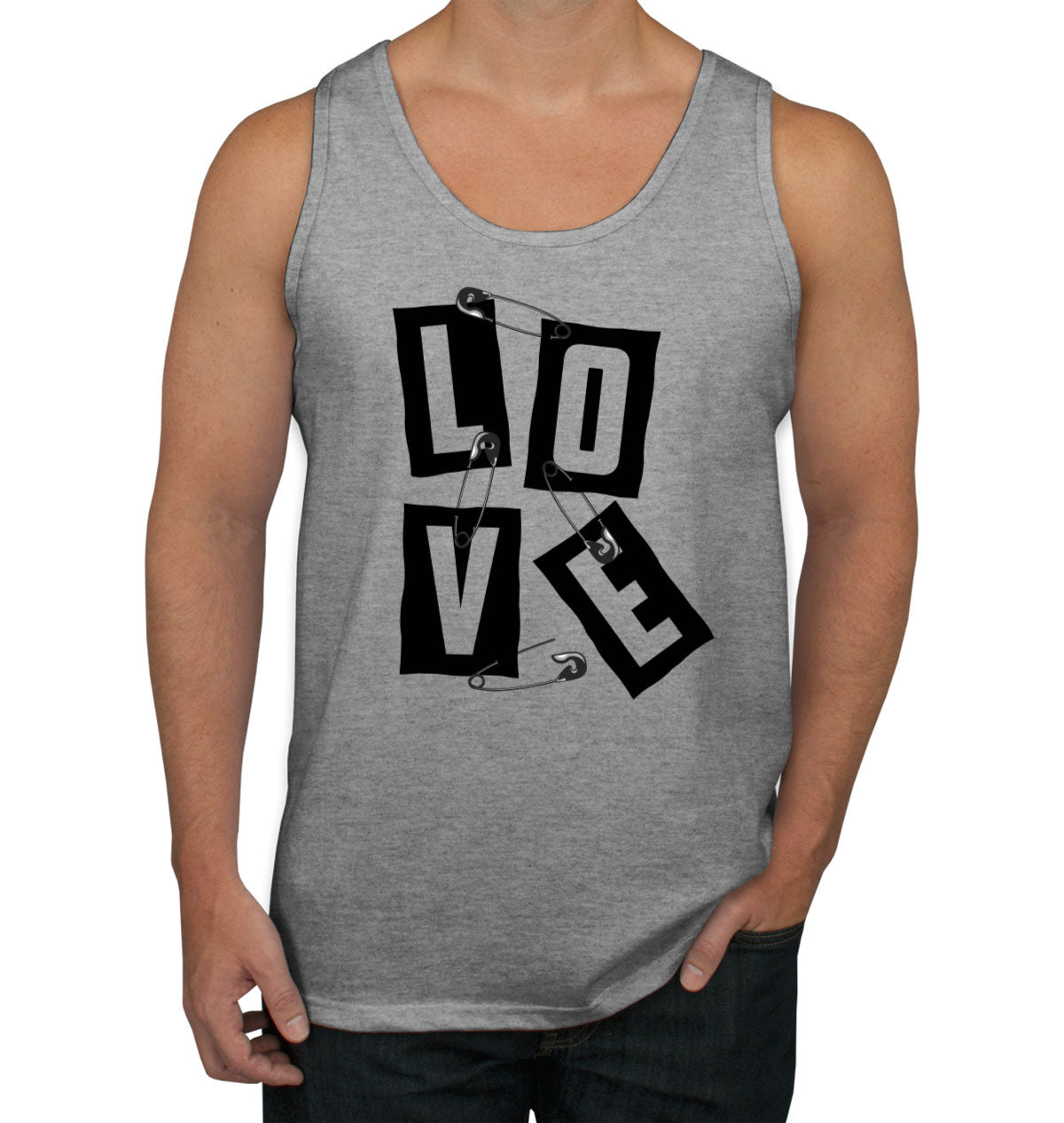 Love Slogan On Ripped Paper And Secured By Safety Pin Men's Tank Top