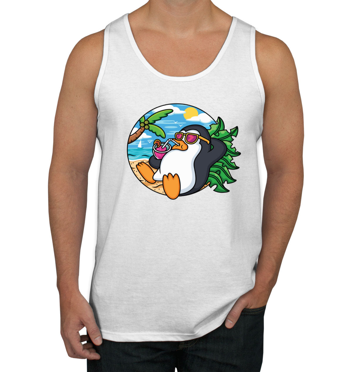 Cartoon Penguin On Vacation Men's Tank Top