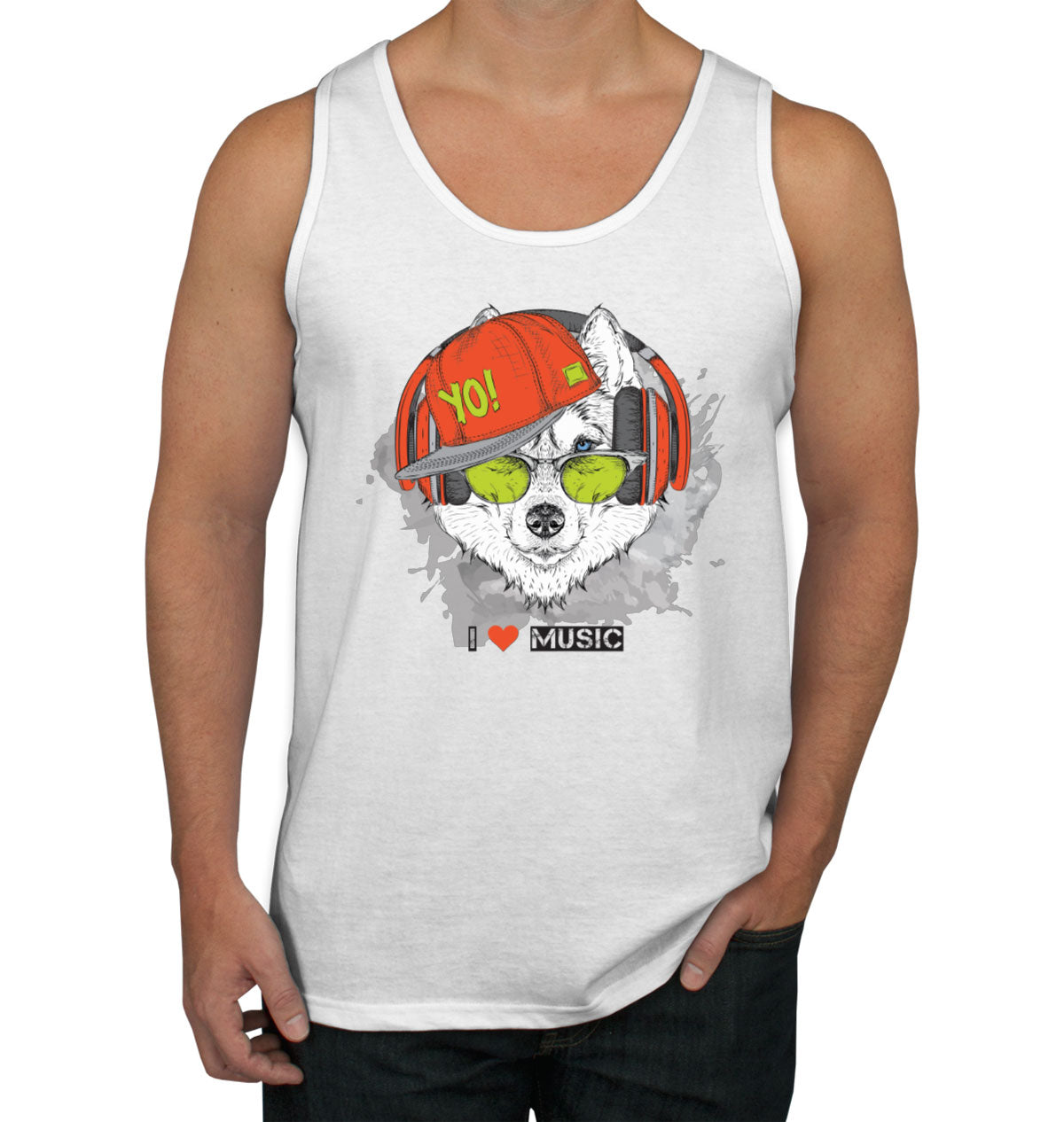 I Love Music Husky With Headphones Men's Tank Top