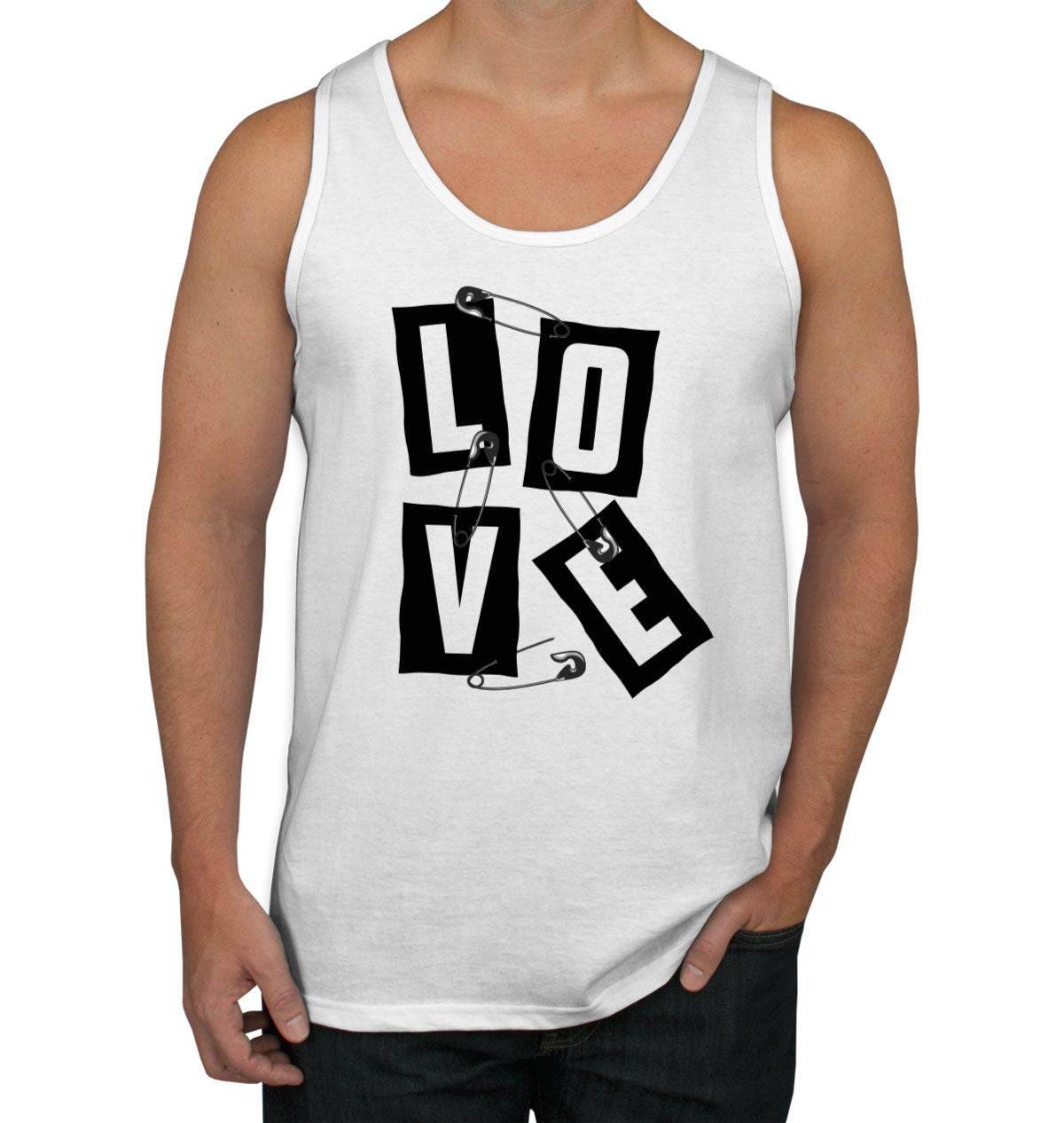 Love Slogan On Ripped Paper And Secured By Safety Pin Men's Tank Top