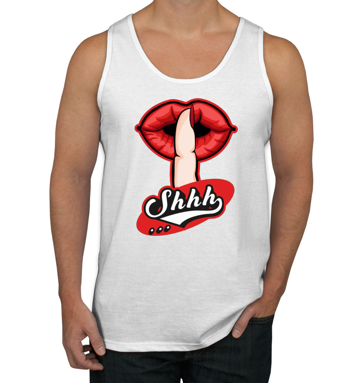 Shhh Silent Gesture With Finger And Red Lips Men's Tank Top