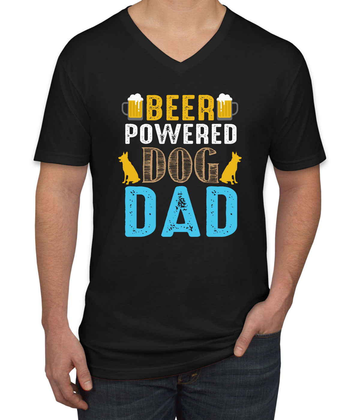 Beer Powered Dog Dad Father's Day Men's V Neck T-shirt