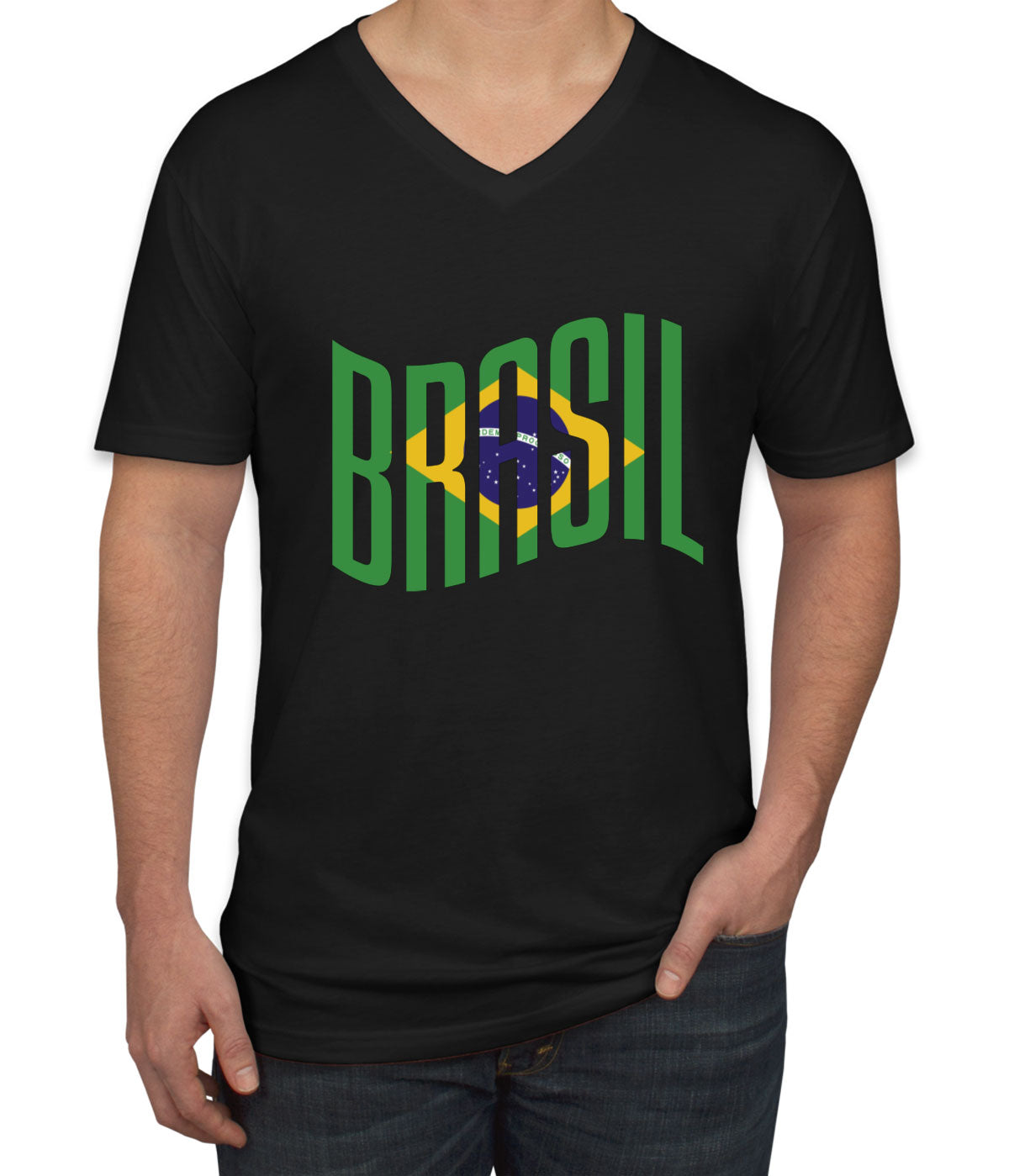 Brasil Typography With Brazil Flag Men's V Neck T-shirt