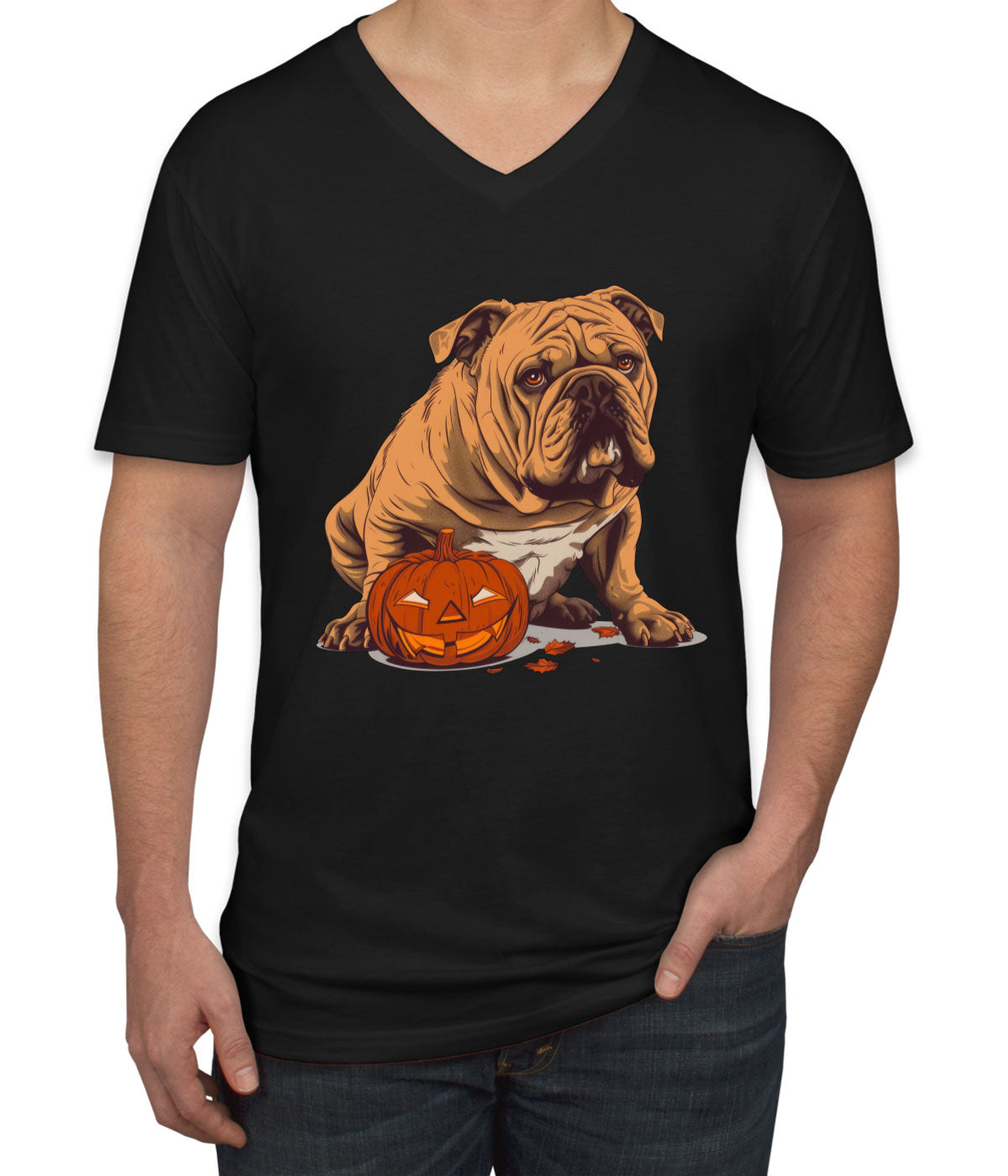 Bulldog With Halloween Pumpkin Men's V Neck T-shirt