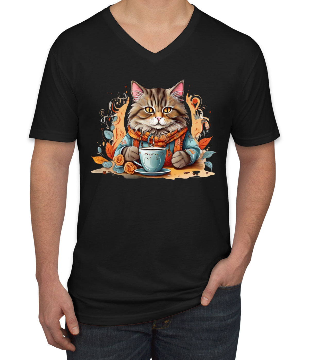 Cat Coffee Lover Men's V Neck T-shirt