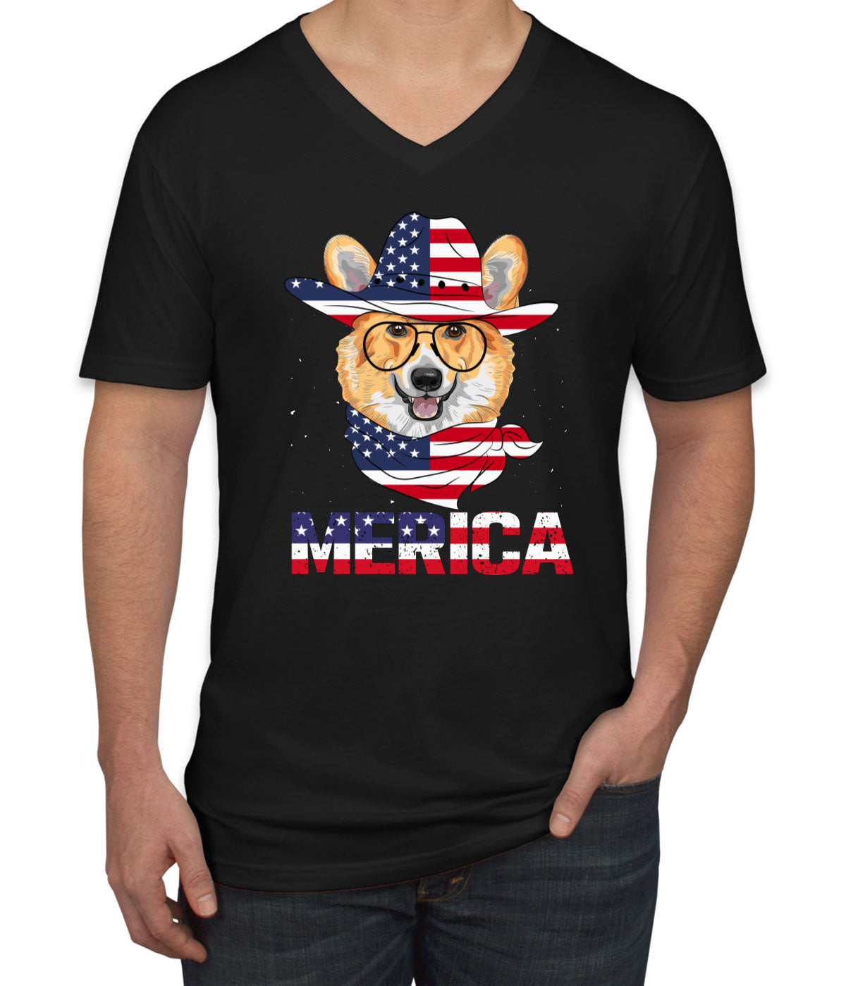 Corgi Merica Patriotic Men's V Neck T-shirt