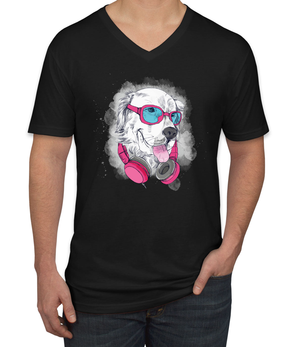 Cool Dog With Headphone Men's V Neck T-shirt