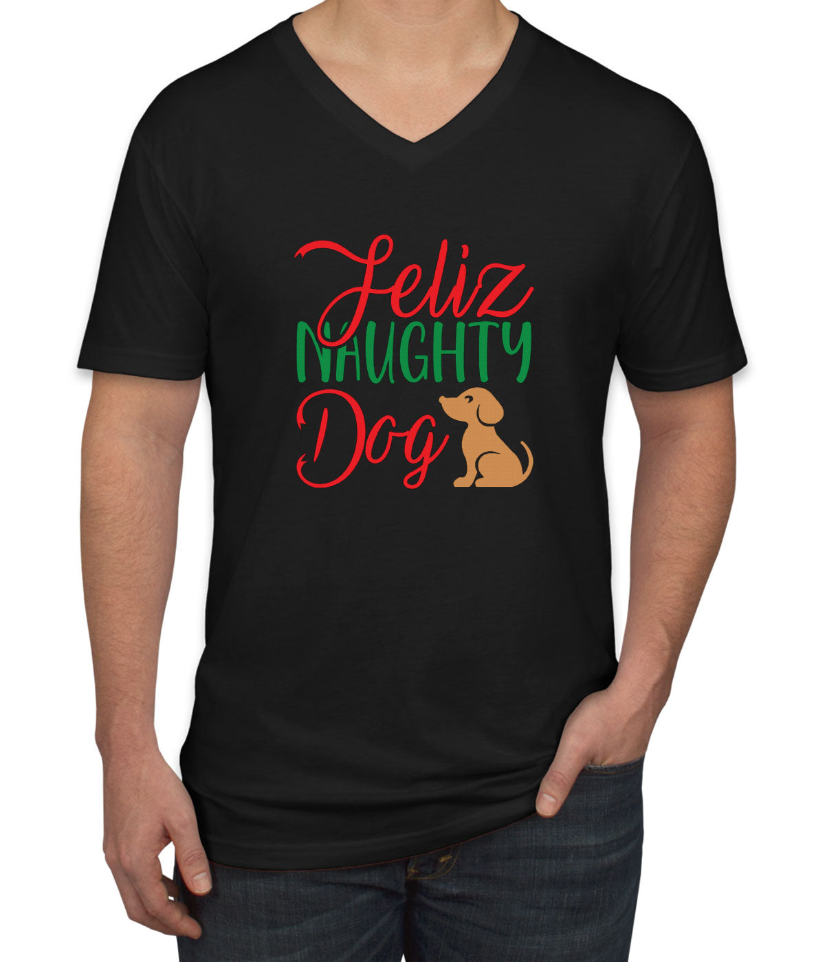 Feliz Naughty Dog Christmas Men's V Neck T-shirt