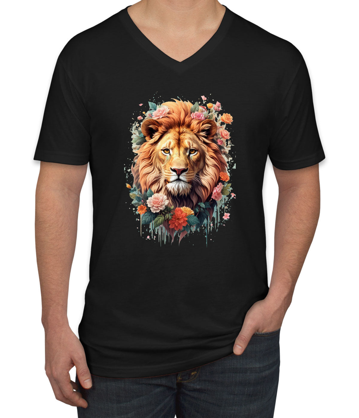 Lion With Floral Design Men's V Neck T-shirt