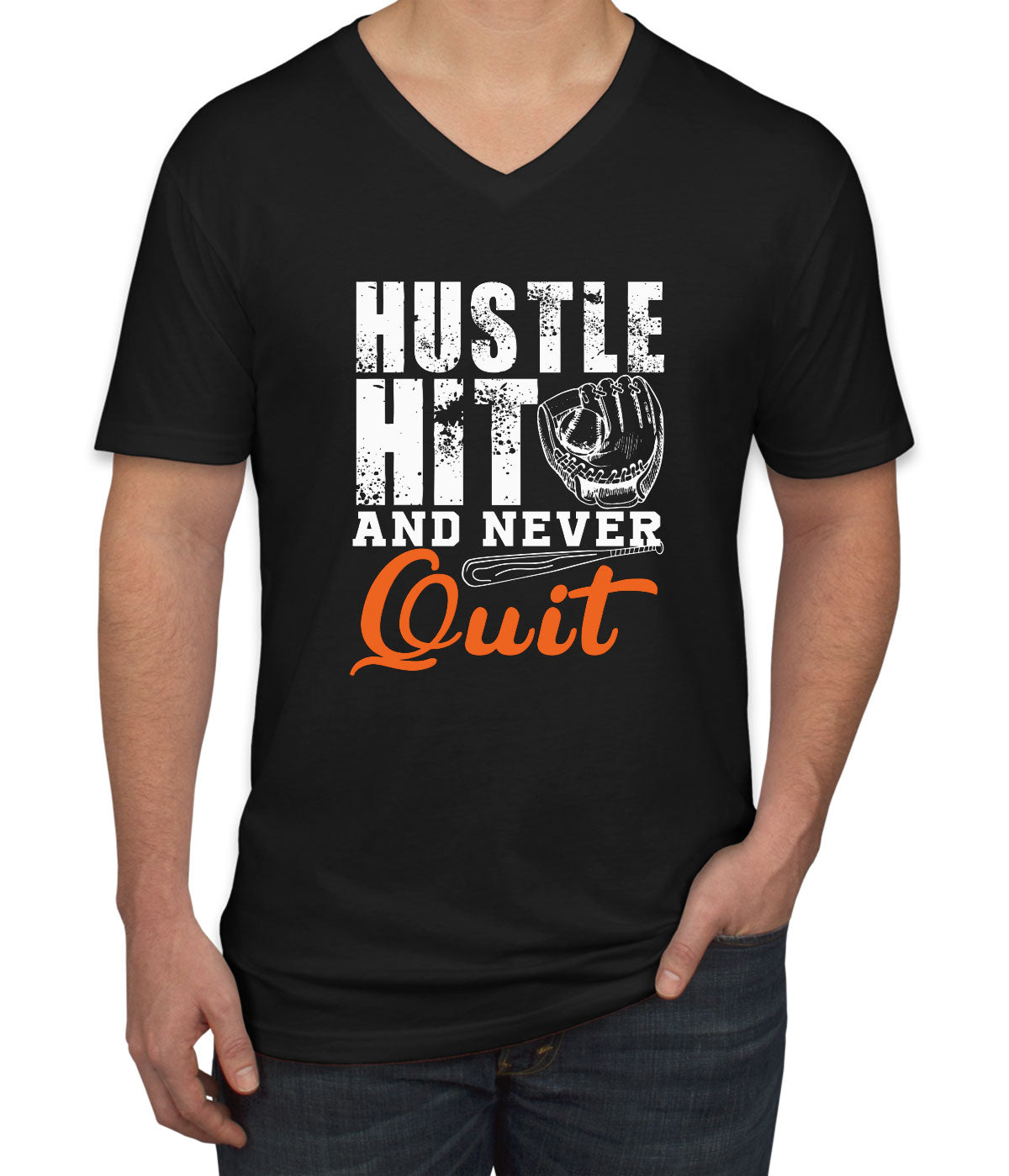 Hustle Hit And Never Quit Baseball Men's V Neck T-shirt