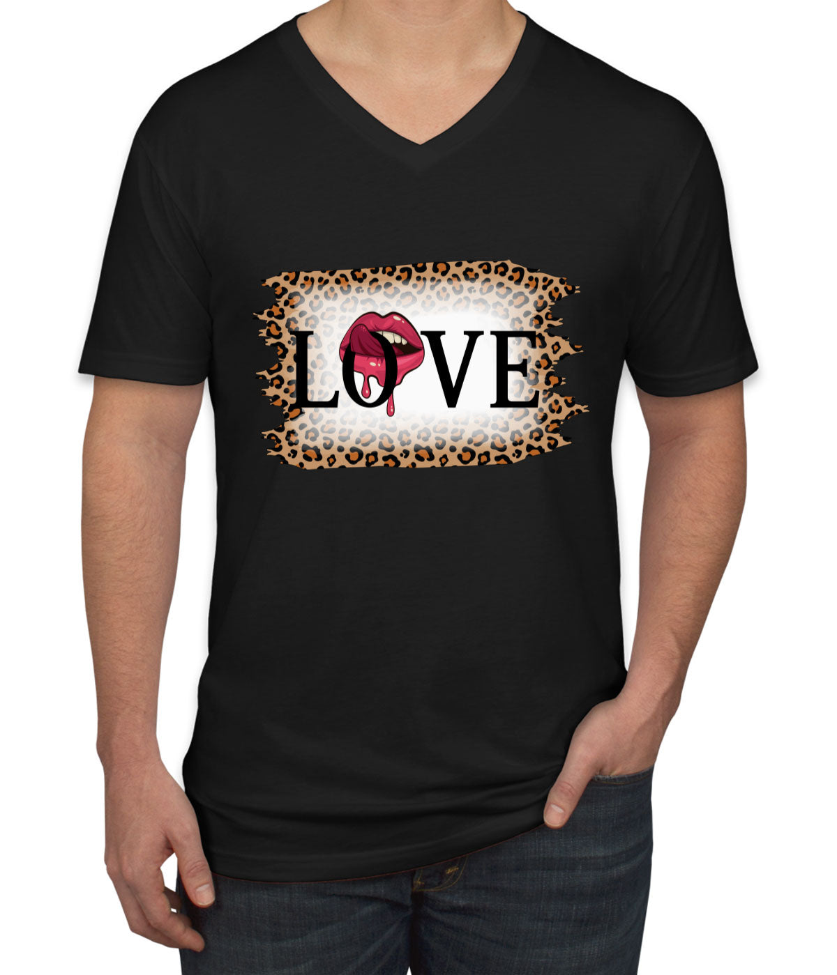 Love Tongue Lipstick Leopard Print Valentine's Day Men's V Neck T-shirt